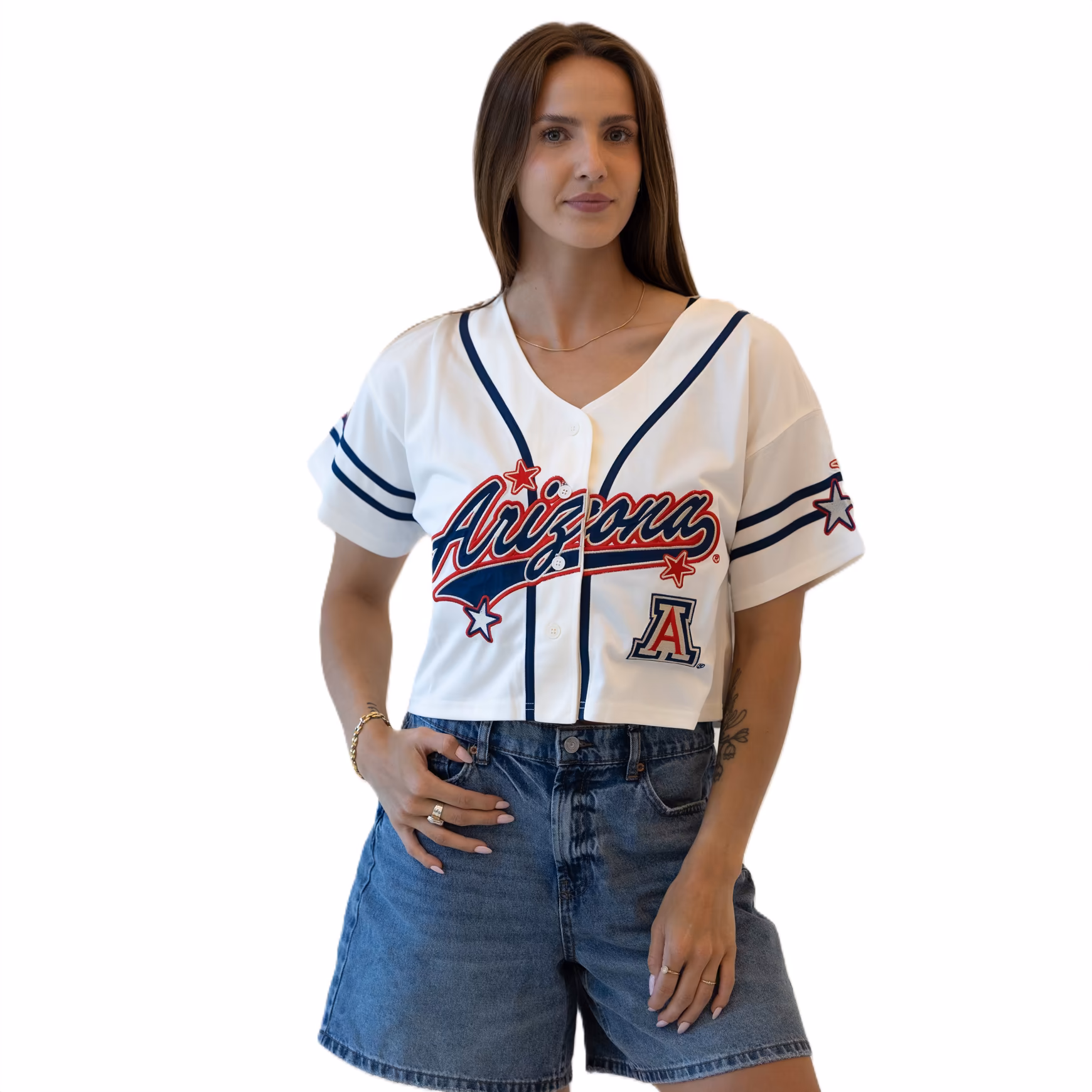 Women's Gameday Social Off White Arizona Wildcats Cropped Patch Baseball Fashion Jersey