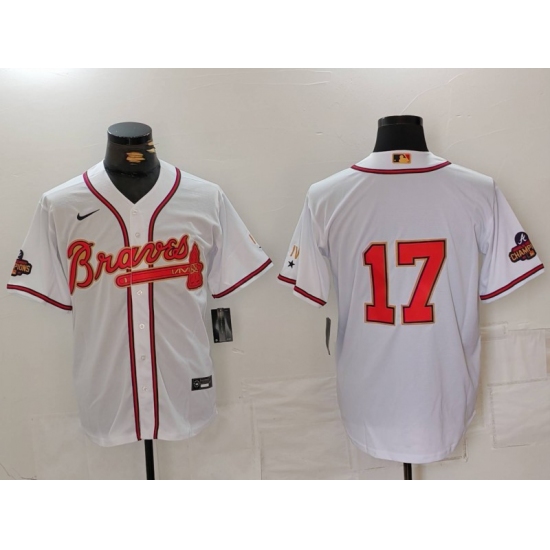 Men's Atlanta Braves #17 Andy Messersmith White Gold World Series Champions Cool Base Stitched Jersey - Ujersey