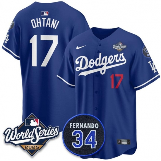 Men's Los Angeles Dodgers #17 Shohei Ohtani Royal 2025 World Series With No.34 Limited Stitched Baseball Jersey