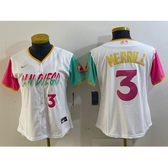 Women's San Diego Padres #3 Jackson Merrill Number White 2024 City Connect Cool Base Stitched Jersey - Ujersey