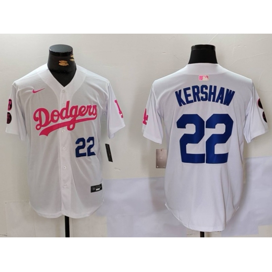 Men's Los Angeles Dodgers #22 Clayton Kershaw White Pink Vin & Kobe Stitched Baseball Jersey 1 - Ujersey