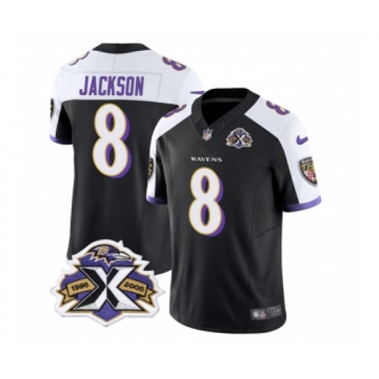 Men's Nike Baltimore Ravens #8 Lamar Jackson Black White 2023 F.U.S.E Throwback Vapor Limited Stitched Jersey - Ujersey