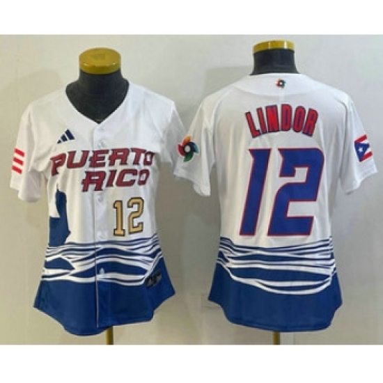 Women's Puerto Rico Baseball #12 Francisco Lindor Number 2023 White World Classic Stitched Jersey