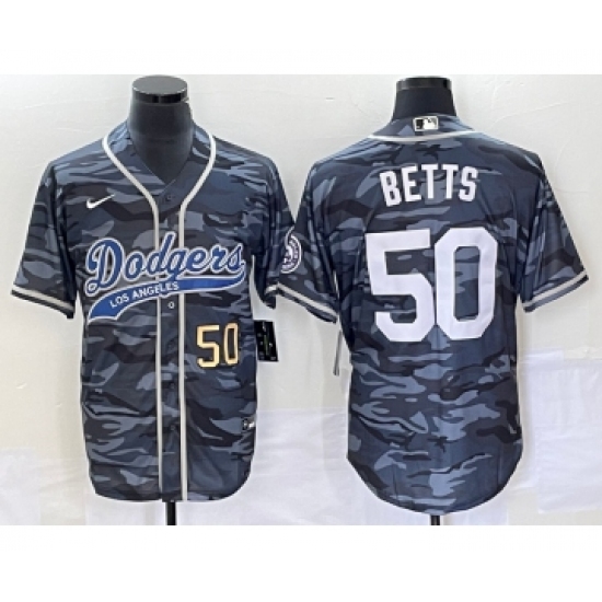 Men's Los Angeles Dodgers #50 Mookie Betts Number Gray Camo Cool Base Stitched Baseball Jersey - Ujersey