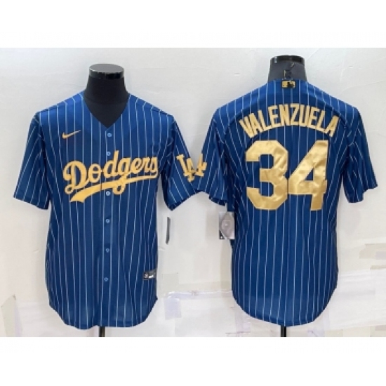 Men's Los Angeles Dodgers #34 Fernando Valenzuela Navy Blue Gold Pinstripe Stitched MLB Cool Base Nike Jersey - Ujersey
