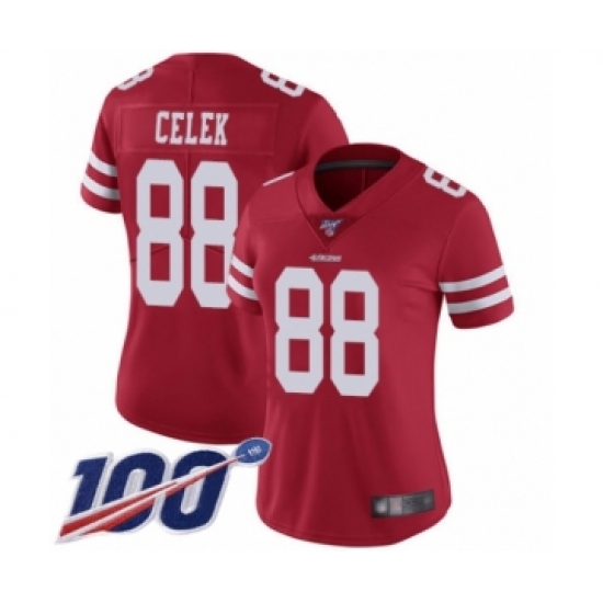 Women's San Francisco 49ers #88 Garrett Celek Red Team Color Vapor Untouchable Limited Player 100th Season Football Jersey - Ujersey