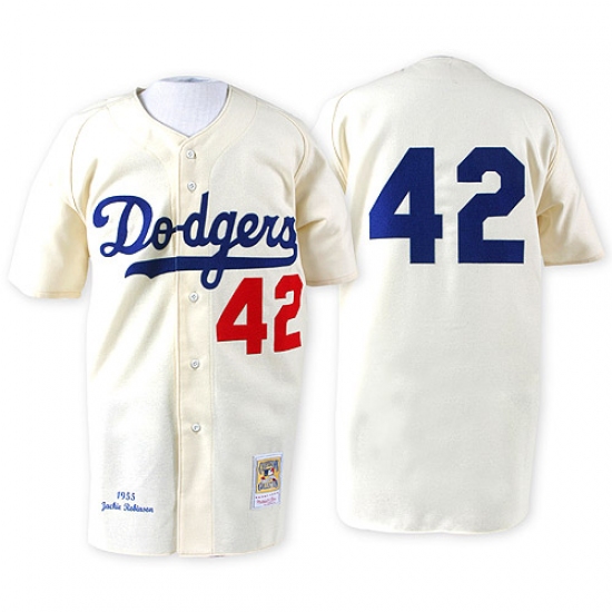 Men's Mitchell and Ness 1955 Los Angeles Dodgers #42 Jackie Robinson Authentic White Throwback MLB Jersey - Ujersey