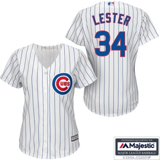 Women's Majestic Chicago Cubs #34 Jon Lester Replica White/Blue Strip Fashion MLB Jersey - Ujersey