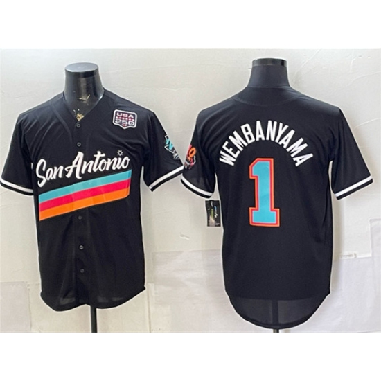 Men's San Antonio Spurs #1 Victor Wembanyama Black USA 250 City Edition Stitched Baseball Jersey - Ujersey