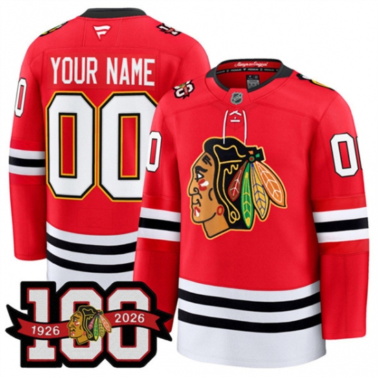 Men's Chicago Blackhawks Active Player Custom Red 2025 Home 100th Anniversary Stitched Hockey Jersey - Ujersey