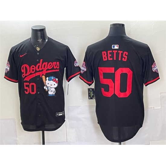 Men's Los Angeles Dodgers #50 Mookie Betts Black Hello Kitty Night 2025 World Series Champions Stitched Baseball Jersey