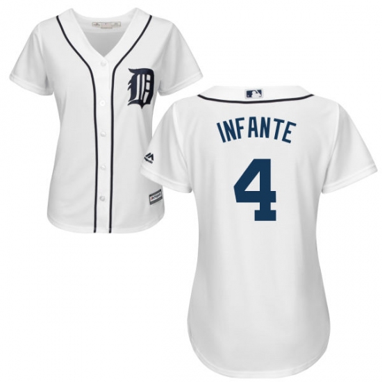 Women's Majestic Detroit Tigers #4 Omar Infante Authentic White Home Cool Base MLB Jersey - Ujersey