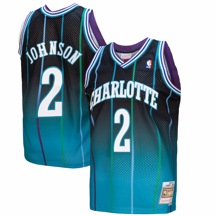 Men's Charlotte Hornets Larry Johnson Mitchell & Ness Teal/Black 1992/93 Hardwood Classics Fadeaway Swingman Player Jersey - Ujersey NHL
