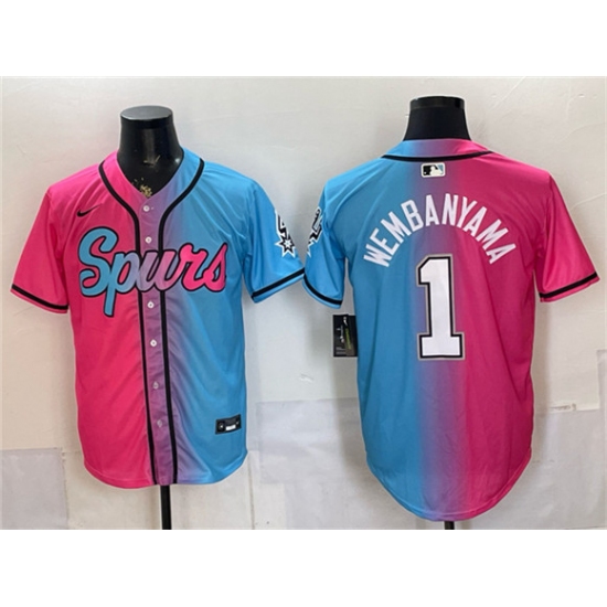 Men's San Antonio Spurs #1 Victor Wembanyama Pink Blue Limited Stitched Baseball Jersey - Ujersey