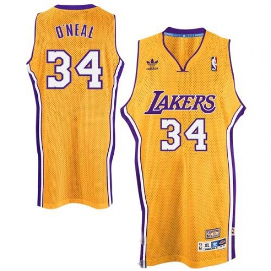 Men's Adidas Los Angeles Lakers #34 Shaquille O'Neal Swingman Gold Throwback NBA Jersey - Ujersey