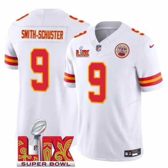 Men's Kansas City Chiefs #9 JuJu Smith-Schuster White 2025 Super Bowl LIX F.U.S.E. Vapor Limited Stitched Football Jersey