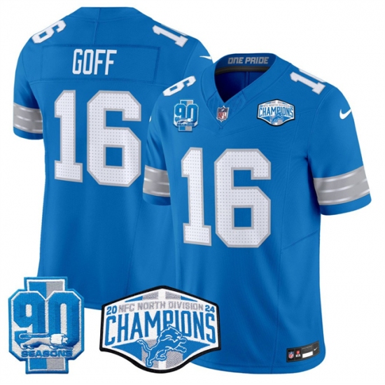 Men's Detroit Lions #16 Jared Goff Blue 2024 NFC North Champions 90th Anniversary F.U.S.E. Vapor Limited Stitched Jersey - Ujersey