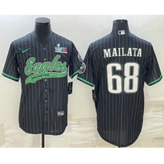 Men's Philadelphia Eagles #68 Jordan Mailata Black Pinstripe With Super Bowl LVII Patch Cool Base Stitched Baseball Jersey - Ujersey