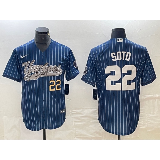 Men's New York Yankees #22 Juan Soto Number Blue Pinstripe Cool Base Stitched Baseball Jersey - Ujersey