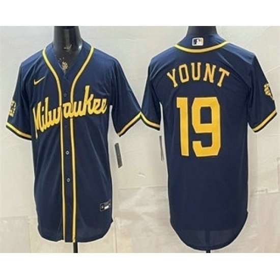 Men's Milwaukee Brewers #19 Robin Yount Navy Blue Stitched Cool Base Jersey - Ujersey