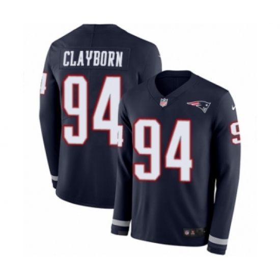 Men's Nike New England Patriots #94 Adrian Clayborn Limited Navy Blue Therma Long Sleeve NFL Jersey - Ujersey