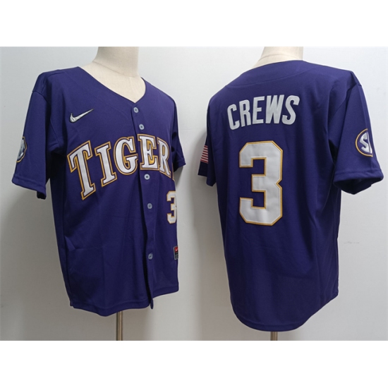 Men's LSU Tigers #3 ylan Crews Purple 2023 Stitched Baseball Jersey - Ujersey