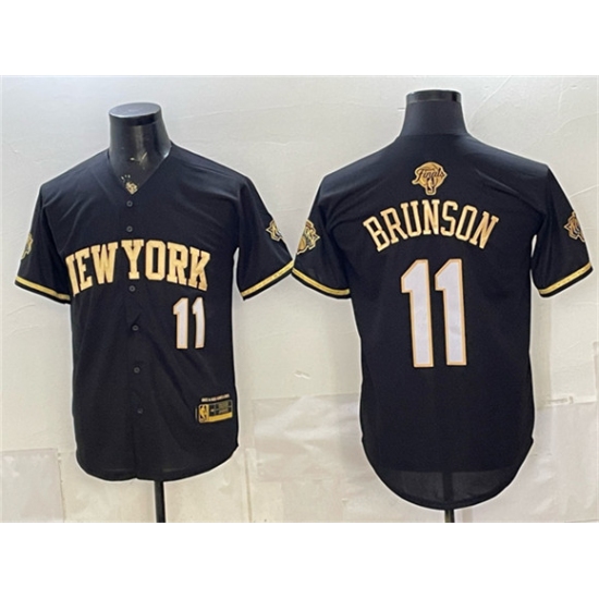 Men's New York Knicks #11 Jalen Brunson Black Gold 2026 Finals Stitched Baseball Jersey