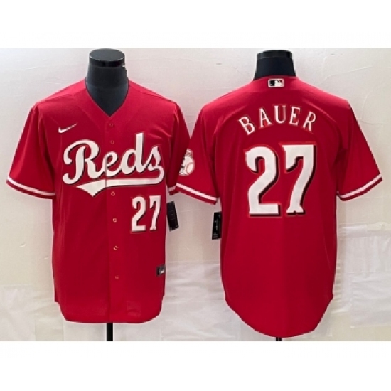 Men's Cincinnati Reds #27 Trevor Bauer Number Red Stitched MLB Cool Base Nike Jersey - Ujersey