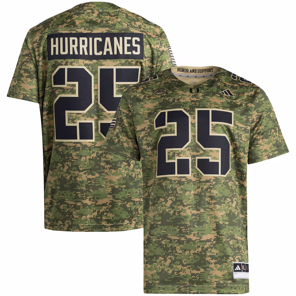 Men's adidas #25 Camo Miami Hurricanes Honor & Support Premier Strategy Jersey