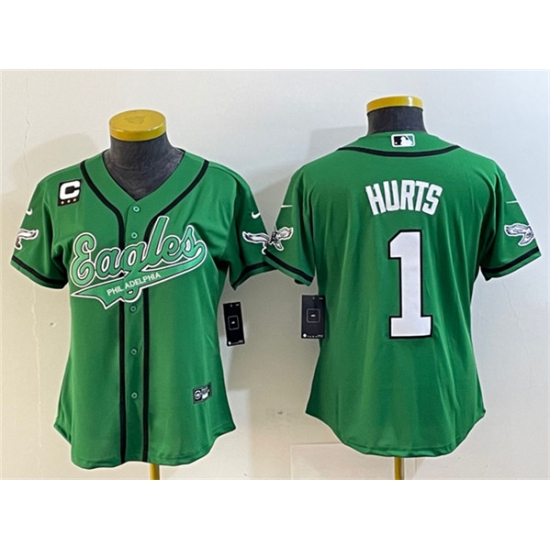 Women's Philadelphia Eagles #1 Jalen Hurts Green With 3-Star C Cool Base Stitched Baseball Jersey - Ujersey
