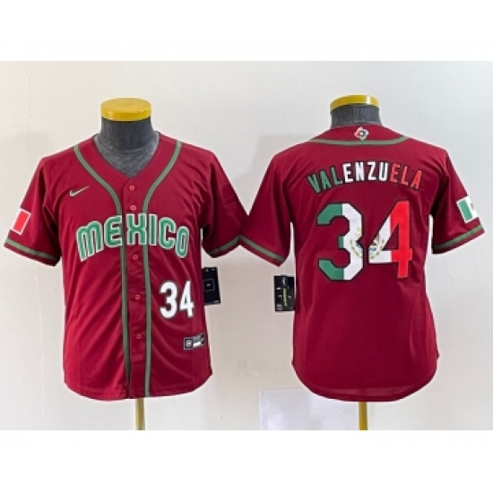 Youth Mexico Baseball #34 Fernando Valenzuela 2023 Red World Classic Stitched Jersey