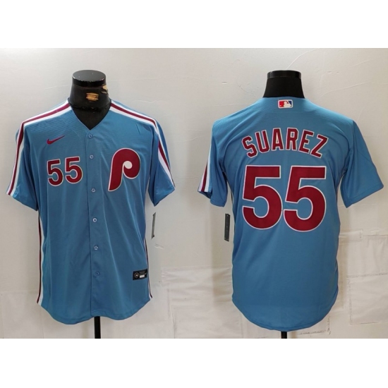 Men's Philadelphia Phillies #55 Ranger Suarez Number Light Blue Cooperstown Cool Base Jersey - Ujersey