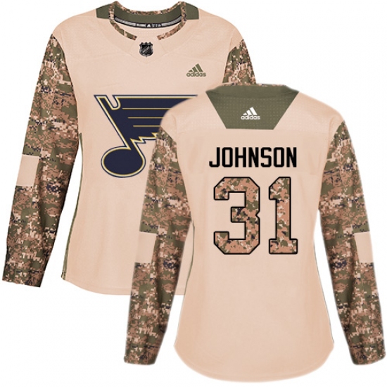 Women's Adidas St. Louis Blues #31 Chad Johnson Authentic Camo Veterans Day Practice NHL Jersey - Ujersey