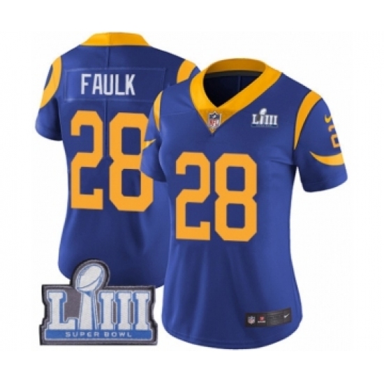 Women's Nike Los Angeles Rams #28 Marshall Faulk Royal Blue Alternate Vapor Untouchable Limited Player Super Bowl LIII Bound NFL Jersey - Ujersey