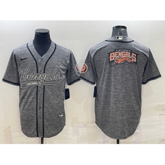 Men's Cincinnati Bengals Grey Gridiron Team Big Logo Cool Base Stitched Baseball Jersey - Ujersey