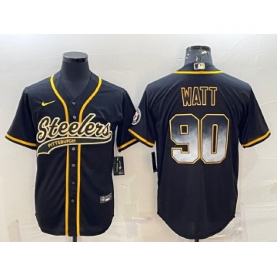 Men's Pittsburgh Steelers #90 TJ Watt Black Gold With Patch Smoke Cool Base Stitched Baseball Jersey - Ujersey