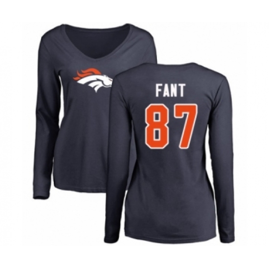 Football Women's Denver Broncos #87 Noah Fant Navy Blue Name & Number Logo Long Sleeve T-Shirt - Ujersey