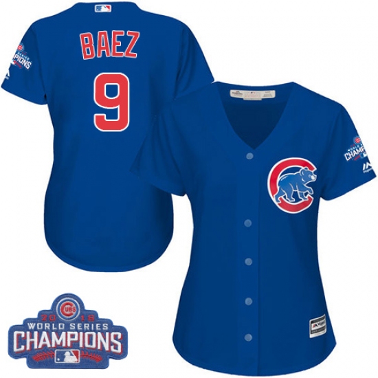 Women's Majestic Chicago Cubs #9 Javier Baez Authentic Royal Blue Alternate 2016 World Series Champions Cool Base MLB Jersey - Ujersey