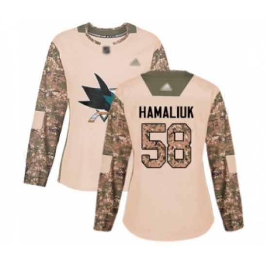Women's San Jose Sharks #58 Dillon Hamaliuk Authentic Camo Veterans Day Practice Hockey Jersey - Ujersey