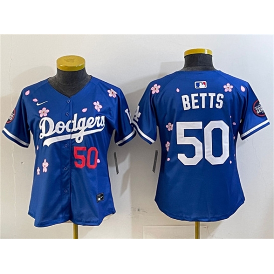 Women's Los Angeles Dodgers #50 Mookie Betts Royal 2025 Tokyo Series Limited Stitched Baseball Jersey - Ujersey