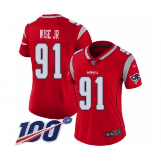 Women's New England Patriots #91 Deatrich Wise Jr Limited Red Inverted Legend 100th Season Football Jersey - Ujersey