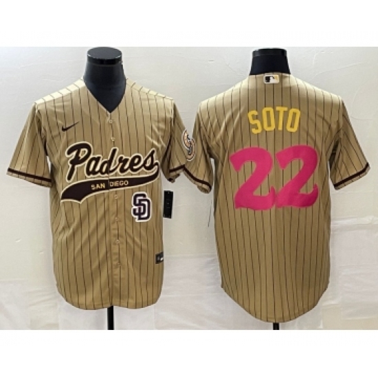 Men's San Diego Padres #22 Juan Soto Tan Pinstripe 2023 City Connect Cool Base Stitched Jersey
