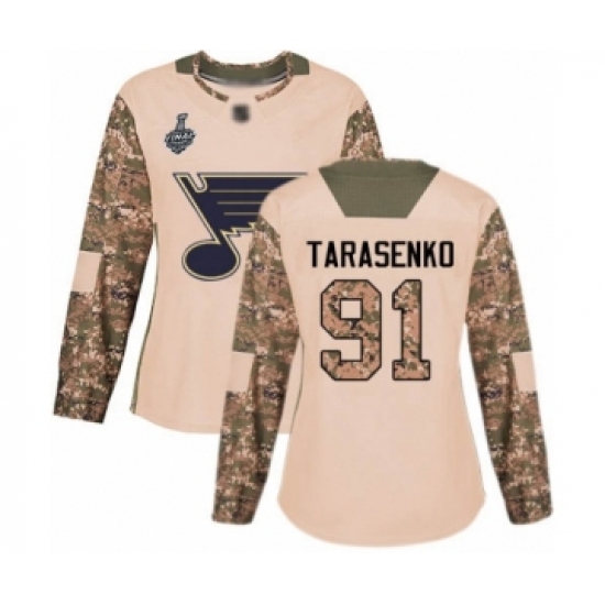 Women's St. Louis Blues #91 Vladimir Tarasenko Authentic Camo Veterans Day Practice 2019 Stanley Cup Final Bound Hockey Jersey - Ujersey