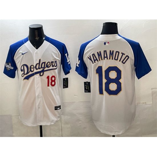 Men's Los Angeles Dodgers #18 Yoshinobu Yamamoto White Royal 2025 World Series Limited Stitched Baseball Jersey - ujerseystore