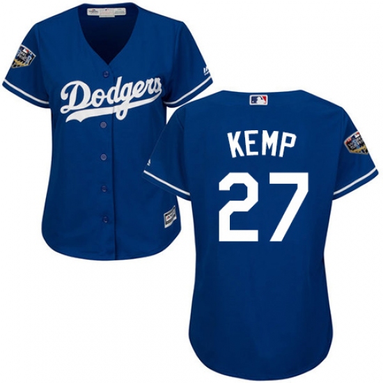 Women's Majestic Los Angeles Dodgers #27 Matt Kemp Authentic Royal Blue Alternate Cool Base 2018 World Series MLB Jersey - Ujersey