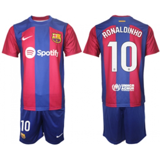Men's Barcelona #10 Ronaldinho Blue Red 2023-24 Home Soccer Jersey