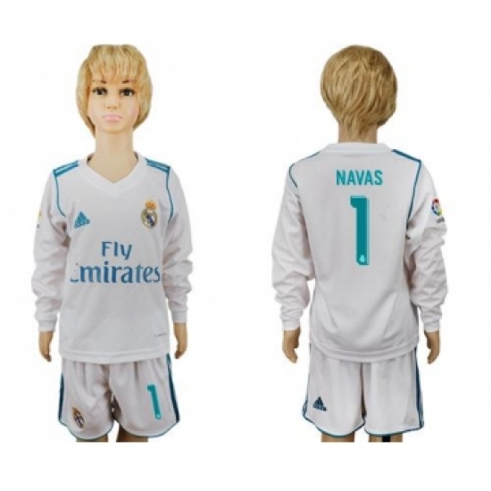 Real Madrid #1 Navas Home Long Sleeves Kid Soccer Club Jersey