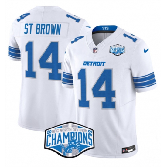 Men's Detroit Lions #14 Amon-Ra St. Brown White 2024 NFC North Champions F.U.S.E. Vapor Limited Stitched Jersey - Ujersey