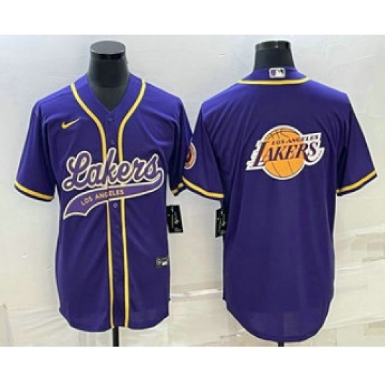 Men's Los Angeles Lakers Purple Team Big Logo Cool Base Stitched Baseball Jersey - Ujersey