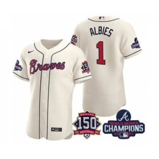 Men's Atlanta Braves #1 Ozzie Albies 2021 Cream World Series Champions With 150th Anniversary Flex Base Stitched Jersey - Ujersey